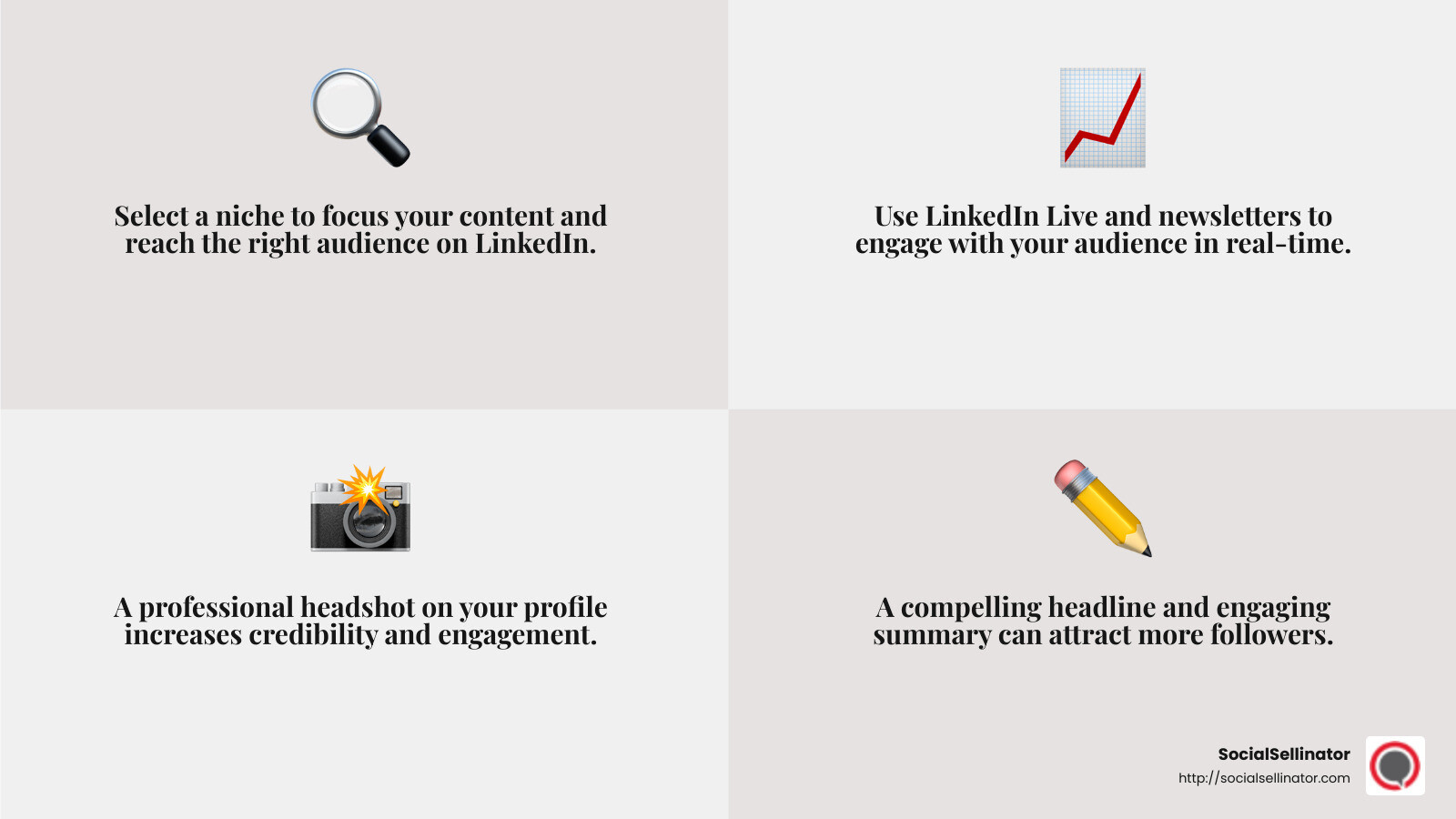 Optimized LinkedIn Profile - LinkedIn for content creators infographic 4_facts_emoji_grey