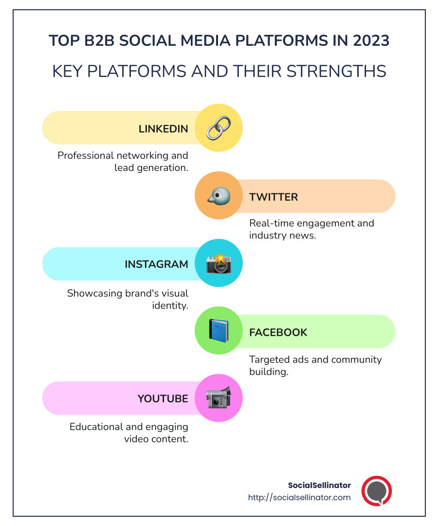 Infographic: Top Platforms and Strategies for B2B Social Media Marketing in 2023, detailing key platforms (LinkedIn, Twitter, Instagram, Facebook, YouTube), their user demographics, content types, engagement techniques, and lead-generation strengths for each platform. - b2b social media platforms infographic infographic-line-5-steps-colors