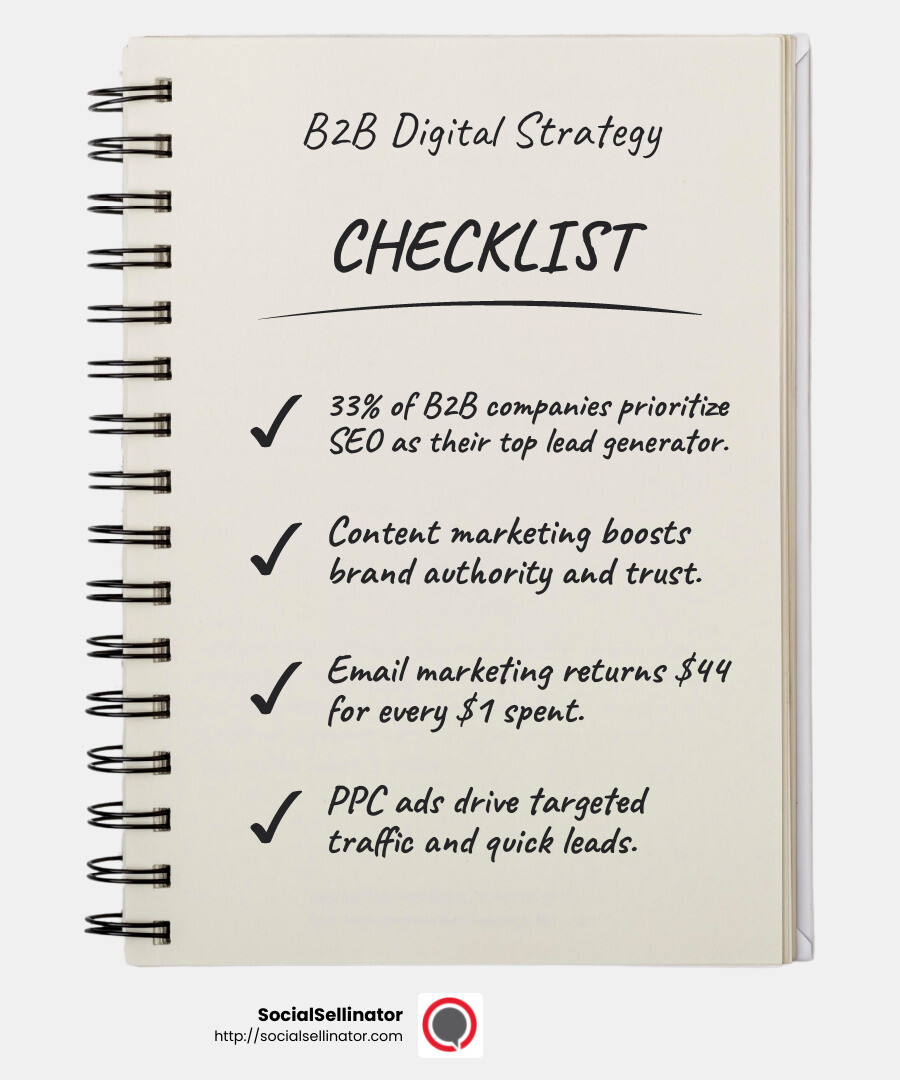 SEO is a top lead generator for 33% of B2B companies - B2B digital marketing solutions infographic checklist-notebook