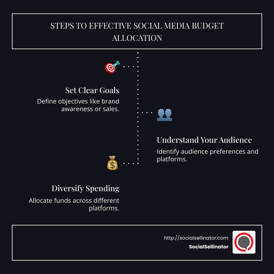 Steps to Effective Social Media Budget Allocation: Setting Clear Goals, Understanding Audience, Diversifying Spending, and Reviewing Performance - Social media budget allocation infographic infographic-line-3-steps-dark
