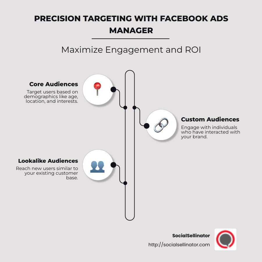 Infographic illustrating precision targeting strategies using Facebook Ads Manager - facebook ads manager targeting infographic infographic-line-3-steps-neat_beige