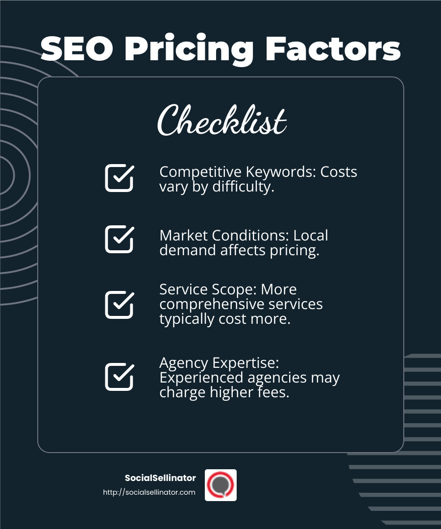 SEO costs depend on market and keywords - affordable seo service for small business austin infographic checklist-dark-blue