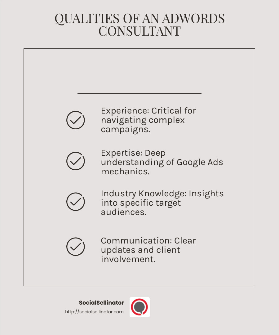 The importance of communication in hiring an AdWords consultant - adwords consultant infographic checklist-light-beige