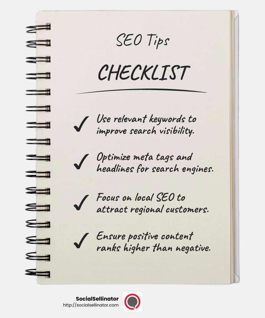 SEO boosts visibility by optimizing content for search engines. - Reputation management Austin infographic checklist-notebook