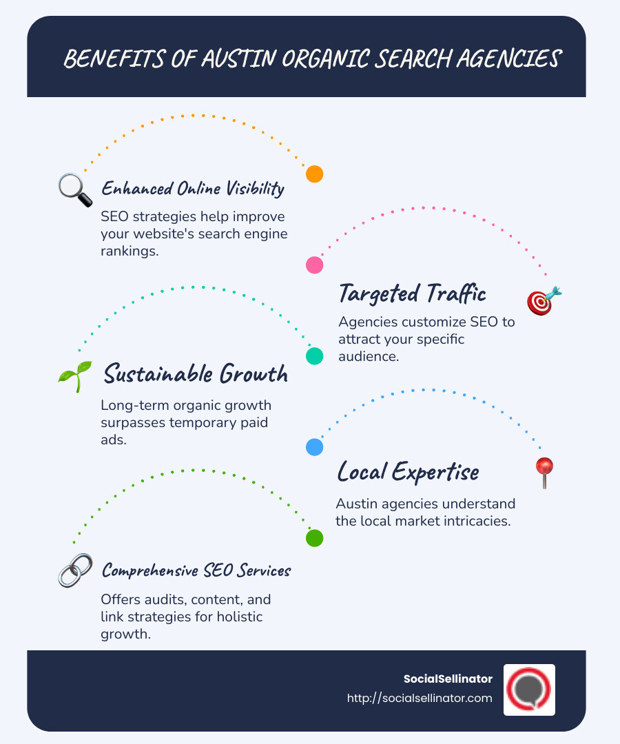 Infographic showing benefits of working with an Austin organic search agency - austin organic search agency infographic infographic-line-5-steps-blues-accent_colors