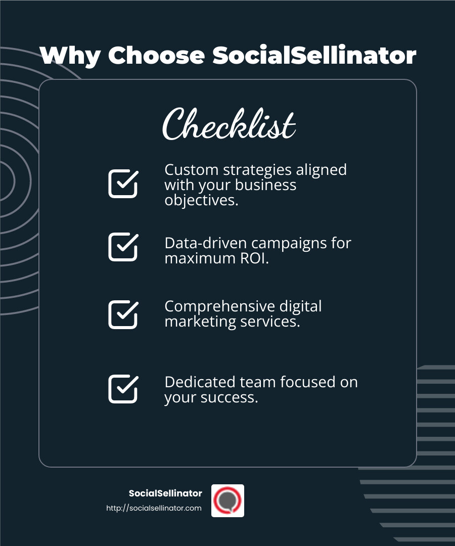 SocialSellinator's Innovative Solutions - looking for digital marketing agency infographic checklist-dark-blue