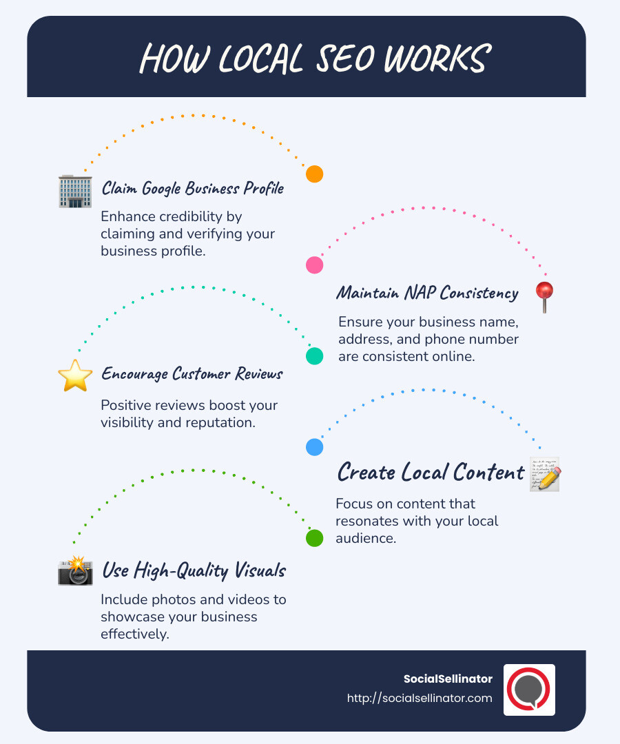 Detailed infographic showing the steps for optimizing local SEO, including Google Business Profiles, NAP consistency, local content creation, visual improvements, and review management. - How does local SEO work? infographic infographic-line-5-steps-blues-accent_colors
