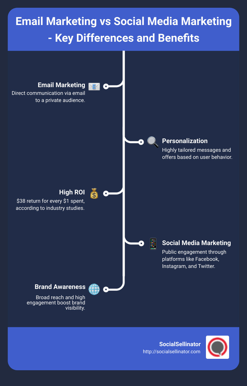 Infographic on Email vs Social Media Marketing - Key Differences and Benefits - email marketing and social media marketing infographic infographic-line-5-steps