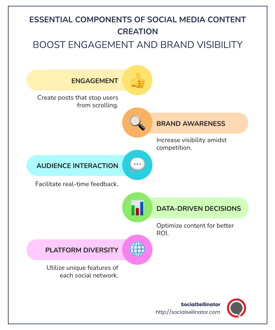 Infographic highlighting essential components of content creation for social media: Engagement – Creating posts that stop users from scrolling; Brand Awareness – Increasing visibility amidst competition; Audience Interaction – Facilitating real-time feedback; Data-Analytics Driven – Optimizing content for better ROI; Platform Diversity – Utilizing each social network's unique features from the planning phase to publishing and performance measurement. - Content creation for social media infographic infographic-line-5-steps-colors