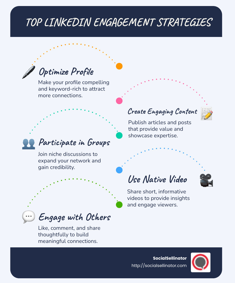 Detailed infographic describing LinkedIn engagement strategy, including profile optimization, content creation, group participation, and use of native video, with colorful visual elements and step-by-step tips - linkedin engagement strategy infographic infographic-line-5-steps-blues-accent_colors