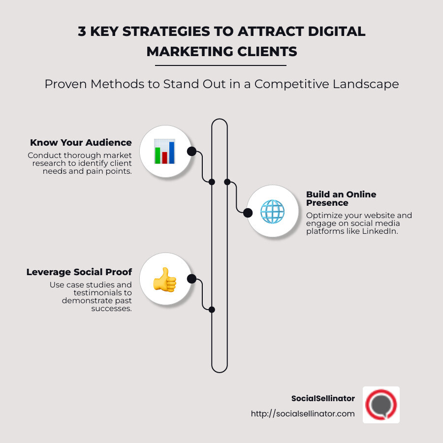 Overview of effective strategies to attract digital marketing clients in 2024 - best way to get digital marketing clients infographic infographic-line-3-steps-neat_beige
