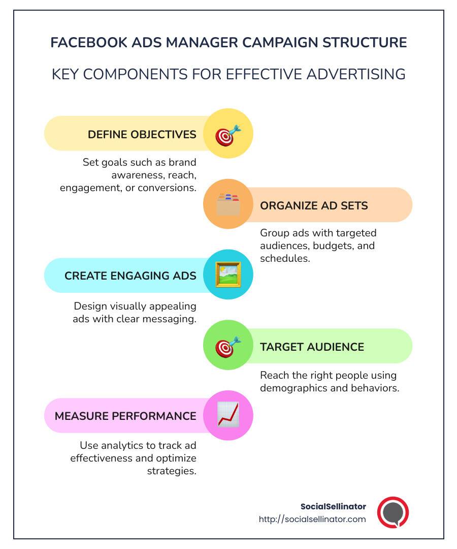 Infographic detailing the structure of a Facebook ads manager campaign, including campaign objectives, ad sets, and the role of the Ads Manager. It uses icons and arrows to illustrate the step-by-step flow from concept to conversion, highlighting each component's contribution to a successful ad campaign. - facebook ads manager campaign infographic infographic-line-5-steps-colors