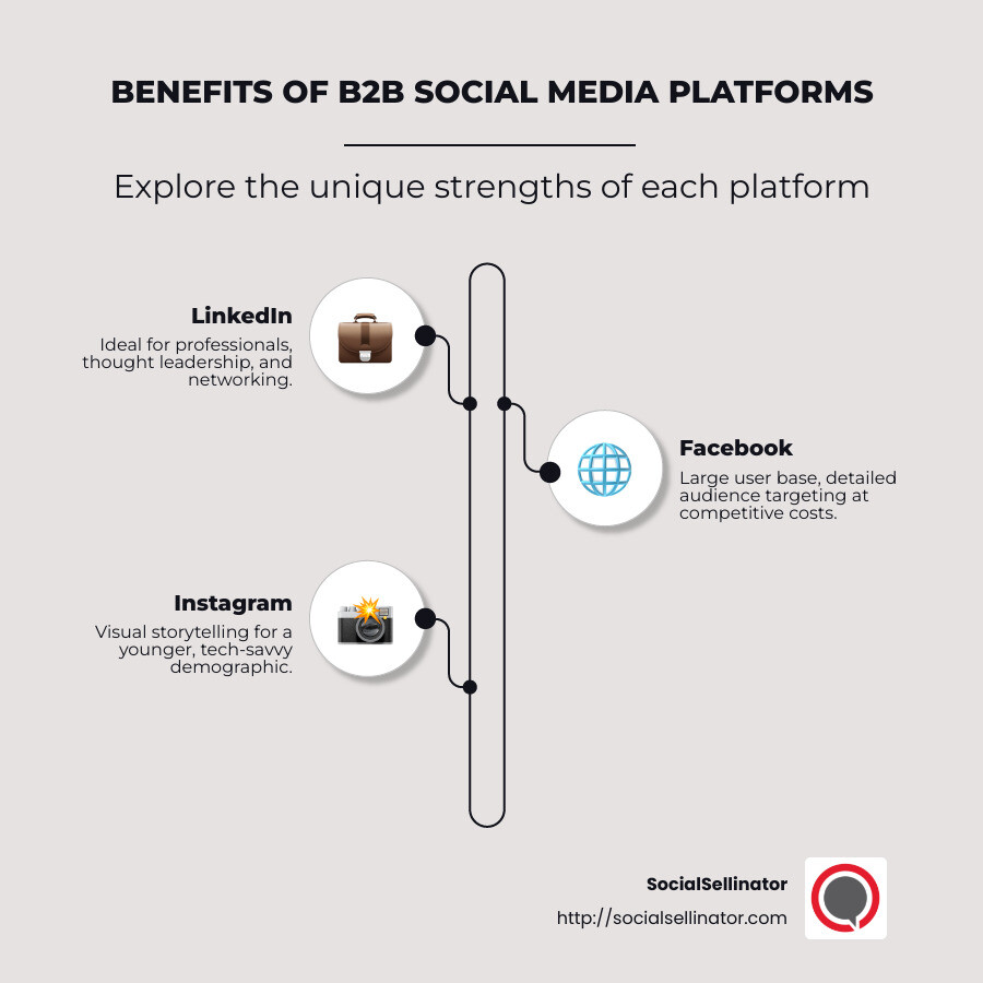 Detailed infographic on B2B social media ad benefits, showing LinkedIn's professional networking, Facebook's audience targeting, and Instagram's visual storytelling potential - b2b social media ads infographic infographic-line-3-steps-neat_beige Detailed infographic on B2B social media ad benefits, showing LinkedIn's professional networking, Facebook's audience targeting, and Instagram's visual storytelling potential - b2b social media ads infographic infographic-line-3-steps-neat_beige