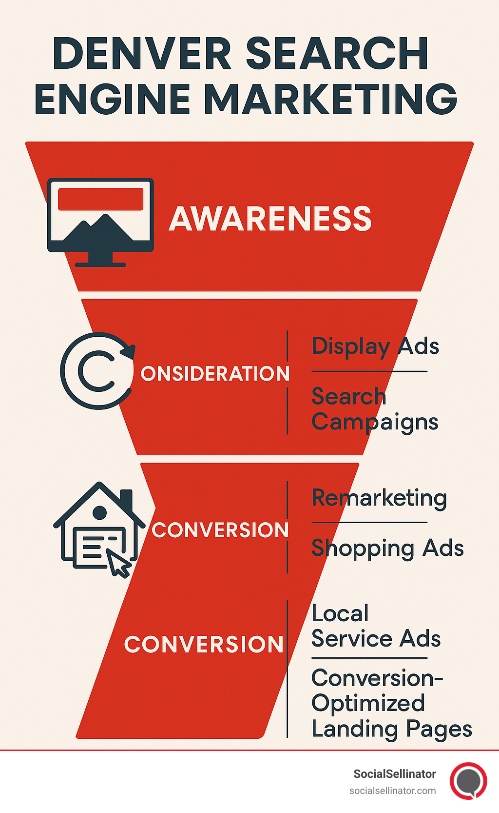 Denver search engine marketing funnel showing awareness, consideration, and conversion stages with corresponding SEM tactics at each level, including display ads and search campaigns for awareness, remarketing and shopping ads for consideration, and local service ads and conversion-optimized landing pages for conversion - Denver search engine marketing infographic 