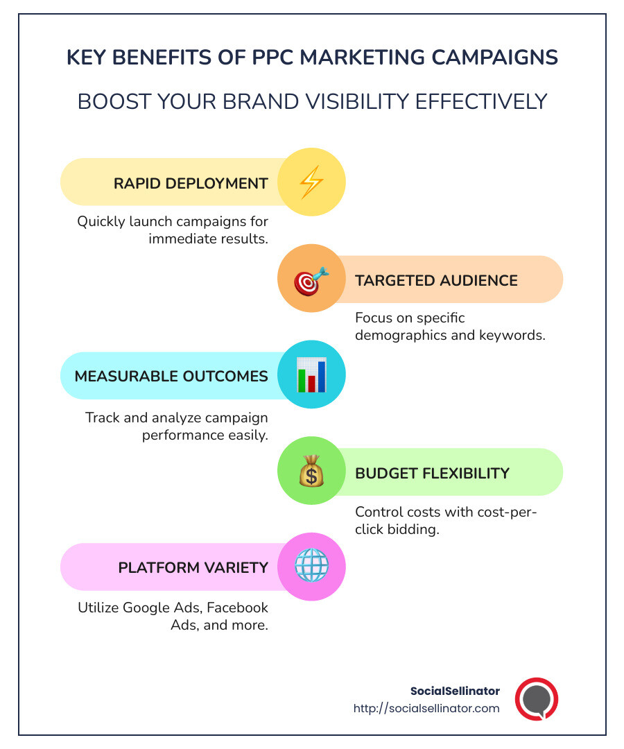 An infographic demonstrating how PPC marketing campaigns improve brand visibility, detailing common platforms like Google Ads and Facebook Ads, cost strategies utilizing cost-per-click models, and the rapid deployment potential of PPC. Highlight key advantages like audience targeting and measurable results, and outline the platform choices with their specific benefits. - pay per click marketing campaign infographic infographic-line-5-steps-colors