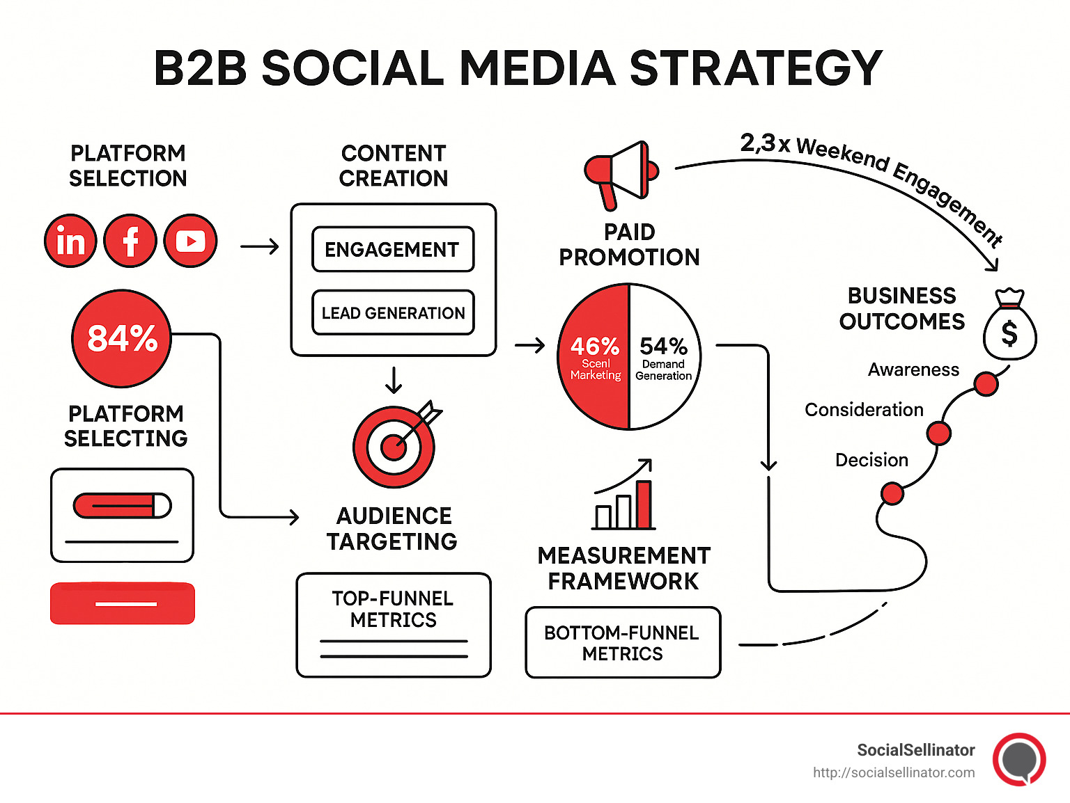 Comprehensive B2B social media strategy framework showing the relationship between platform selection, content creation, audience targeting, paid promotion, measurement, and business outcomes across the buyer journey stages - b2b social strategy infographic Comprehensive B2B social media strategy framework showing the relationship between platform selection, content creation, audience targeting, paid promotion, measurement, and business outcomes across the buyer journey stages - b2b social strategy infographic