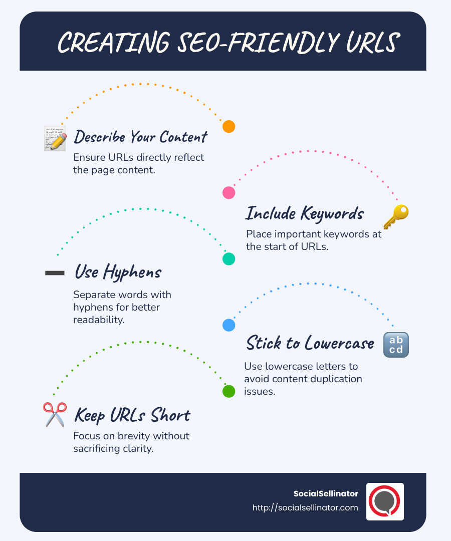 Infographic showing quick steps to create SEO-friendly URLs by outlining best practices like keyword inclusion and using hyphens - How to create SEO-friendly URLs? infographic infographic-line-5-steps-blues-accent_colors