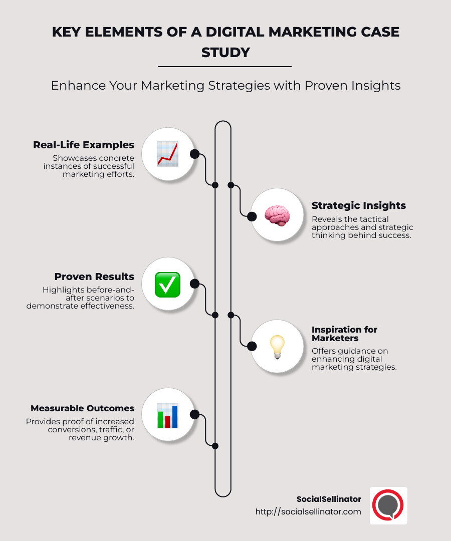 Infographic detailing key elements of a digital marketing case study, including real-life examples, strategic insights, and proven results - digital marketing case study infographic infographic-line-5-steps-neat_beige