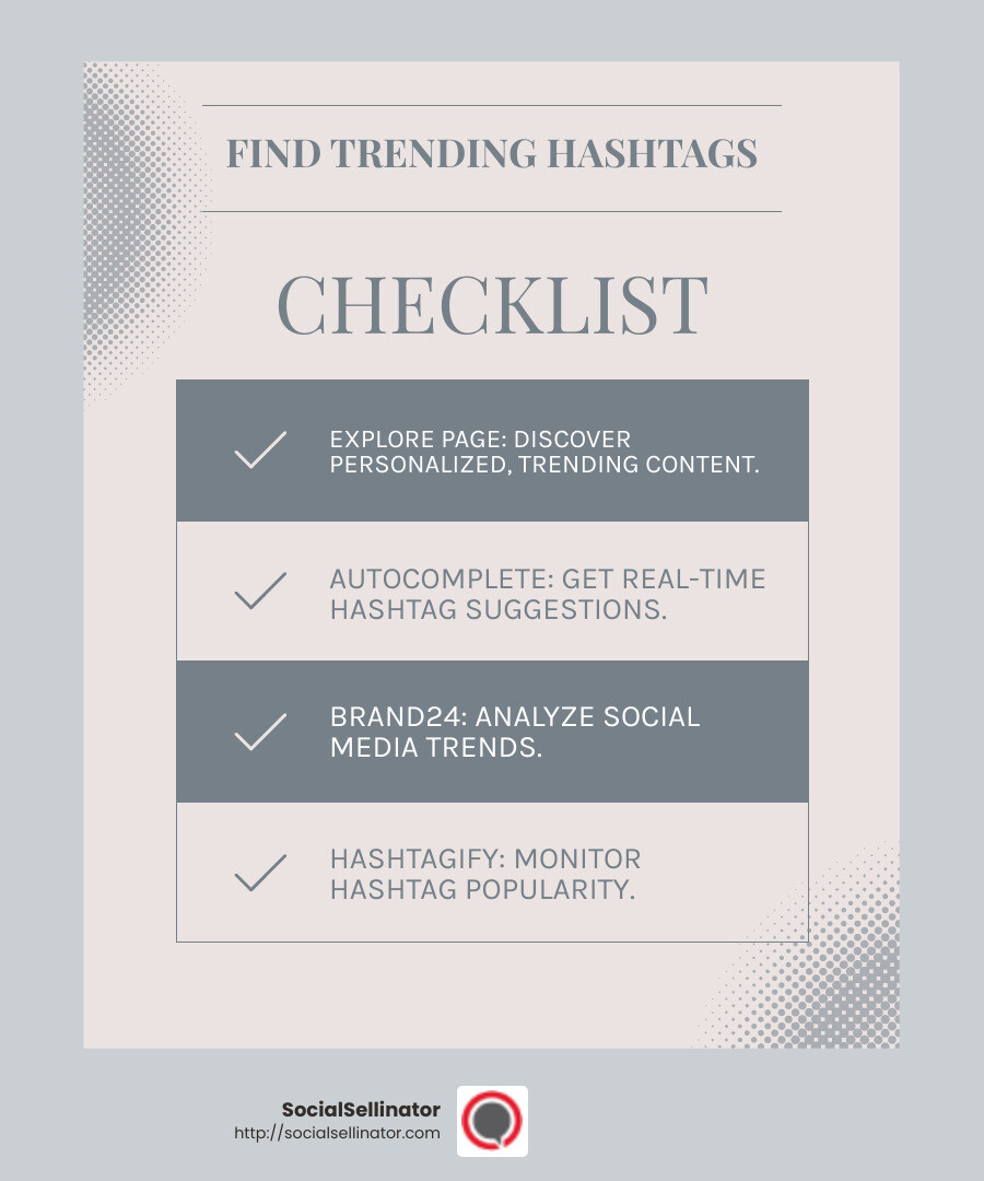 Using the autocomplete feature is a quick way to find trending hashtags - Instagram hashtag trends infographic checklist-light-blue-grey