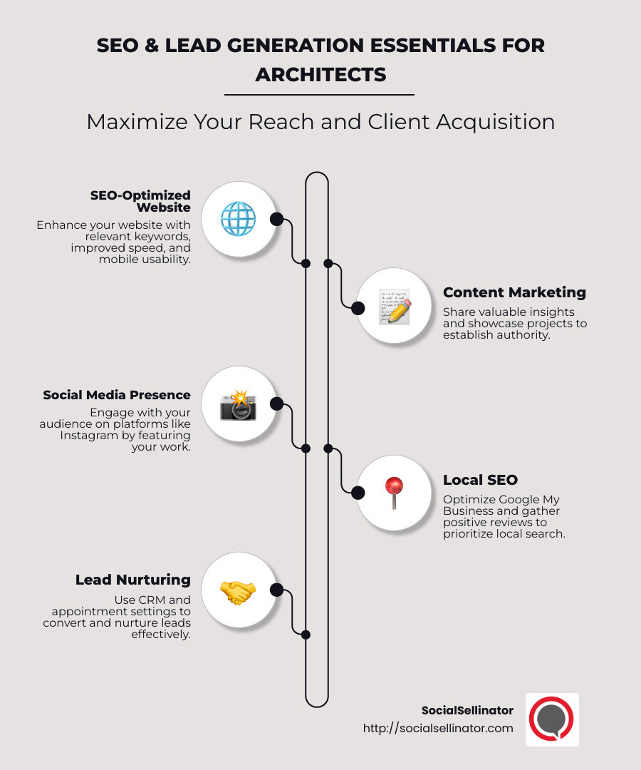 Infographic detailing SEO & lead generation steps for architects, including website optimization, content marketing, social media engagement, local SEO, and customer reviews - SEO & Lead Generation for Architechts infographic infographic-line-5-steps-neat_beige