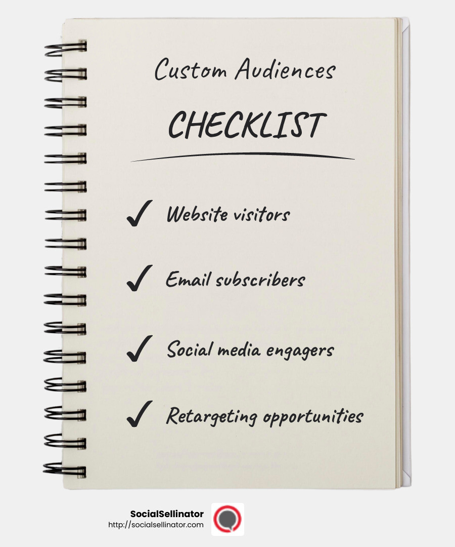 Custom audiences are a game-changer for reconnecting with interested customers. - facebook ads manager targeting infographic checklist-notebook