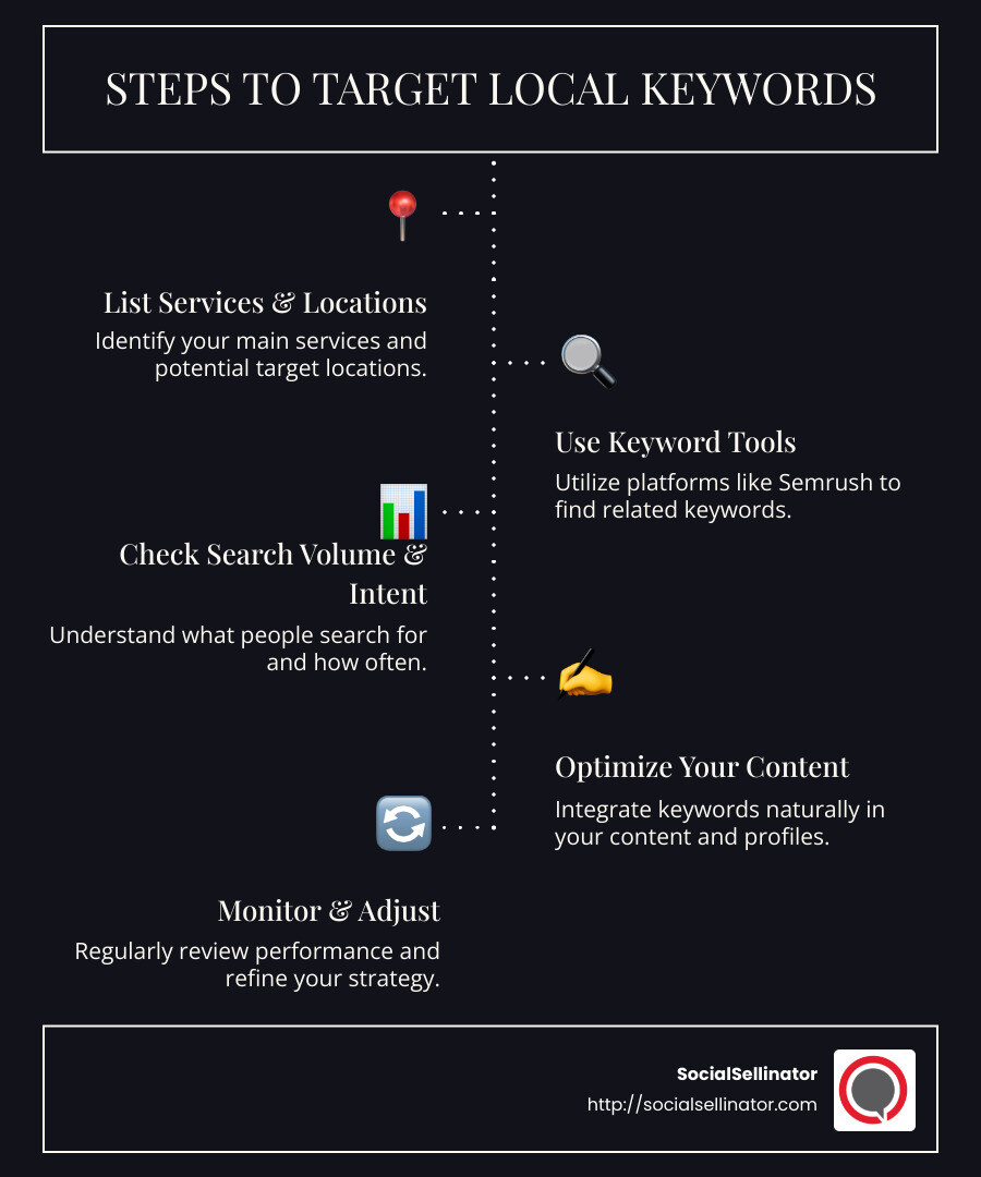 Steps to target local keywords and boost visibility - How to target local keywords? infographic infographic-line-5-steps-dark