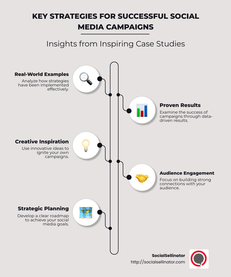 Infographic showing successful social media marketing strategies and their outcomes - Social media marketing case studies infographic infographic-line-5-steps-neat_beige