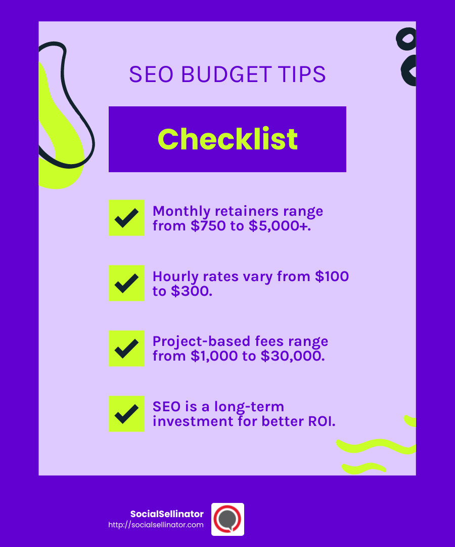 SEO Budgeting Tips - seo optimization austin infographic checklist-fun-neon