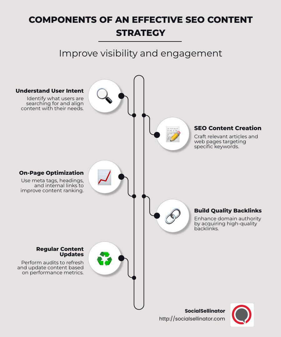 Detailed infographic explaining the concept of SEO content strategy, including its components and benefits, custom for different business goals like visibility and engagement - What is SEO content strategy? infographic infographic-line-5-steps-neat_beige