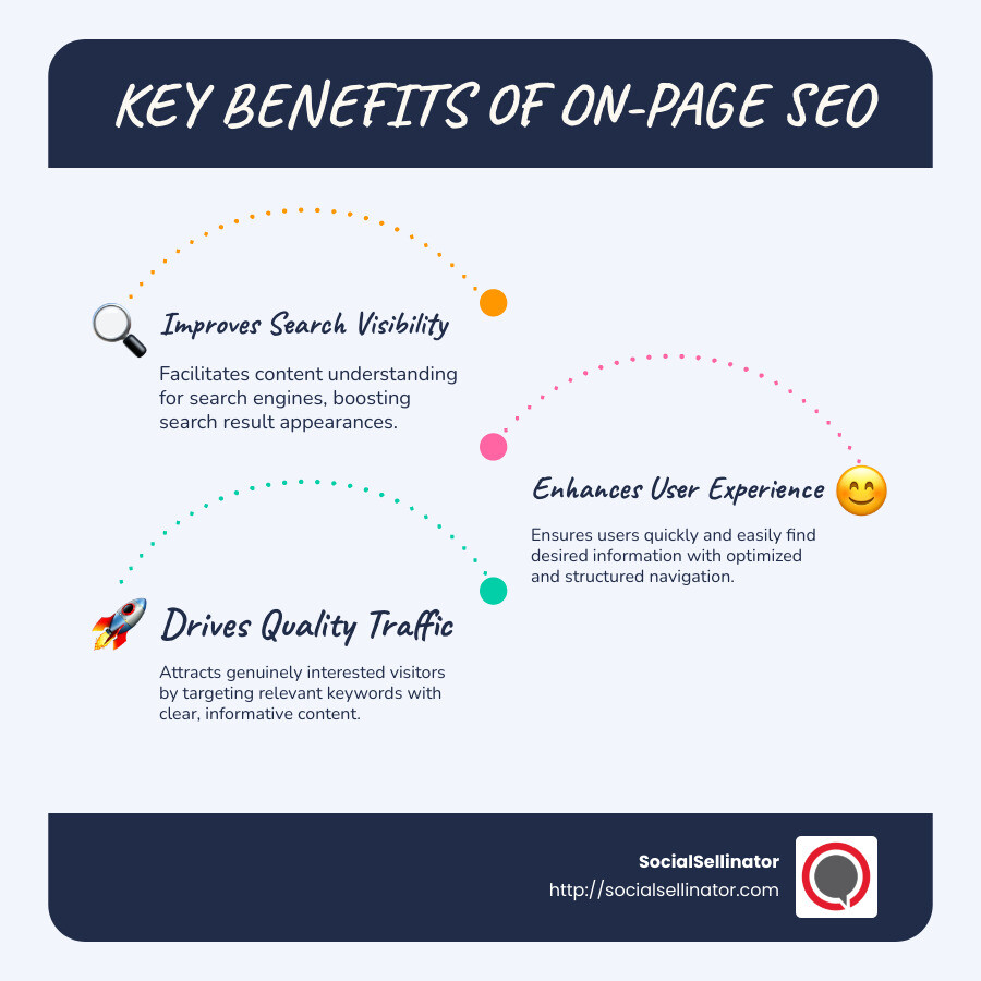 Infographic showing key benefits of on-page SEO: search visibility, user experience, and quality traffic - On-page SEO optimization infographic infographic-line-3-steps-blues-accent_colors