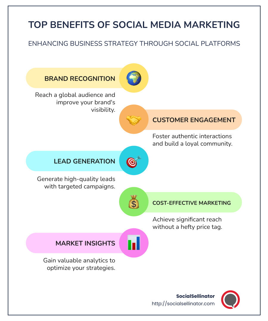 Infographic describing the benefits of social media marketing, including brand recognition, customer engagement, lead generation, cost-effectiveness, and market insights - social media marketing benefits infographic infographic-line-5-steps-colors