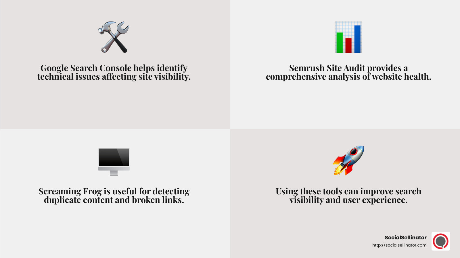 Google Search Console, Semrush, and Screaming Frog are essential tools for technical SEO analysis - Technical SEO analysis infographic 4_facts_emoji_grey