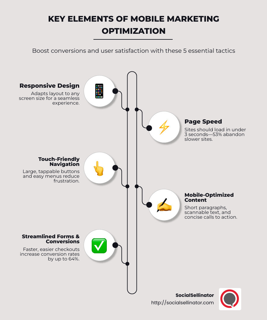 Mobile marketing optimization infographic showing the key elements of optimization: responsive design, page speed optimization, touch-friendly navigation, mobile-optimized content, simplified forms, location-based services, and cross-channel consistency, along with statistics about mobile usage and conversion rates - Mobile marketing optimization infographic infographic-line-5-steps-neat_beige