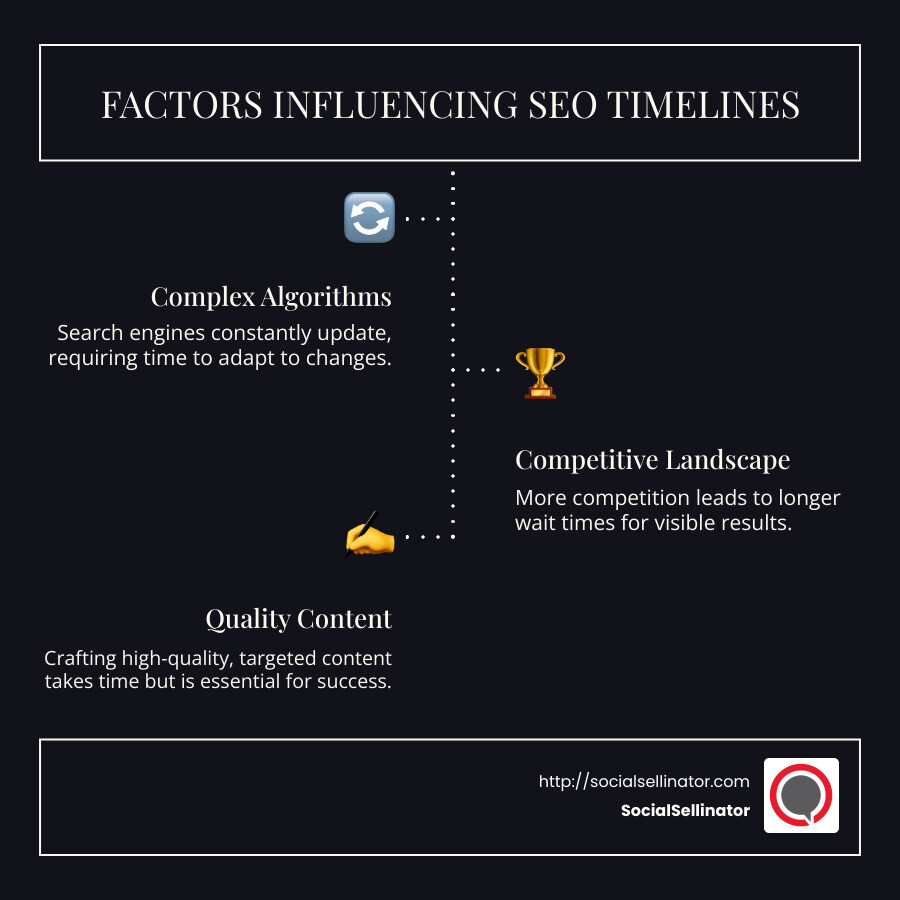 SEO Timelines Infographic: Explains how factors like Google's changing algorithms, competition, and content quality impact SEO results, emphasizing 3 to 12-month timeframes for seeing improvements based on individual circumstances. - How long does SEO take? infographic infographic-line-3-steps-dark