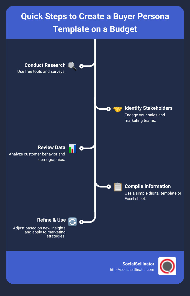 Infographic listing quick steps to create a buyer persona template: 1. Conduct Research, 2. Identify Stakeholders, 3. Review Data, 4. Compile Information, 5. Refine & Use - how to create a buyer persona template infographic infographic-line-5-steps