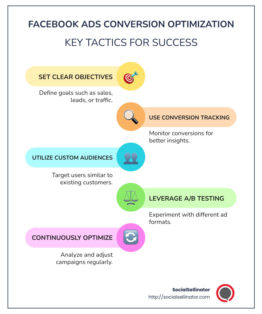 Infographic depicting key Facebook Ads Conversion Optimization tactics, including setting clear objectives, tracking conversions, using custom audiences, leveraging A/B testing, and continuous optimization. - facebook ads conversion optimization infographic infographic-line-5-steps-colors