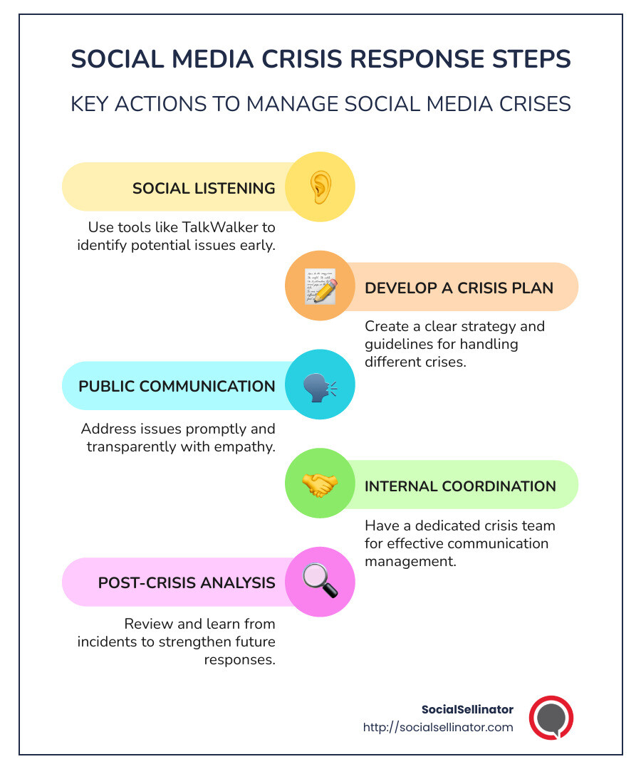 Steps for Social Media Crisis Response Infographic - Social media crisis response infographic infographic-line-5-steps-colors