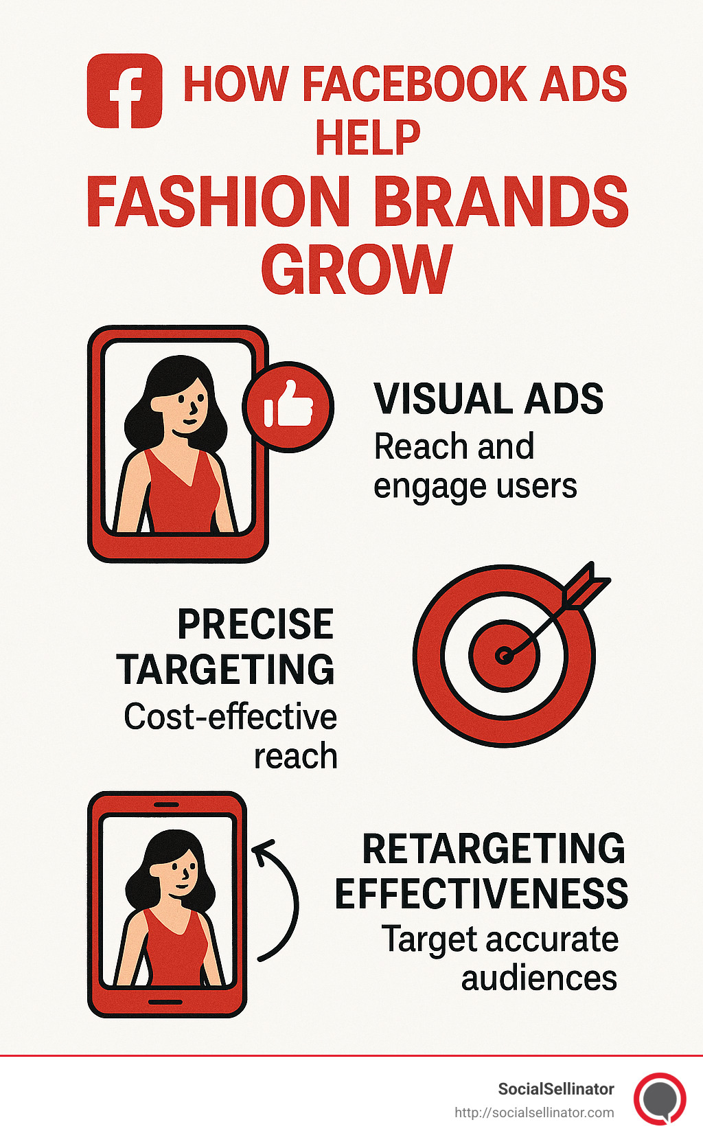 Infographic showing how Facebook Ads help fashion brands grow through visual ads, precise targeting, and retargeting effectiveness. - Facebook Ads for Fashion Brands infographic 