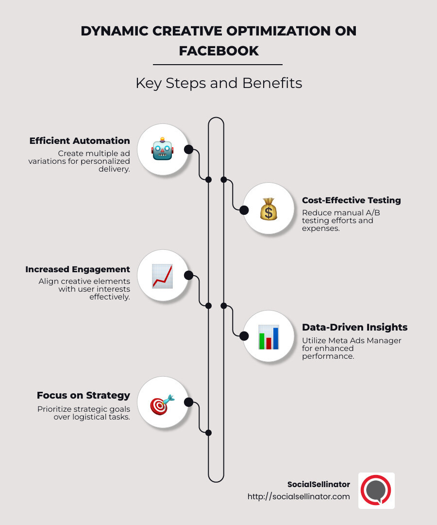 Infographic detailing Dynamic Creative on Facebook: Steps and Benefits, including asset testing, automation, and performance insights - dynamic creative optimization facebook infographic infographic-line-5-steps-neat_beige