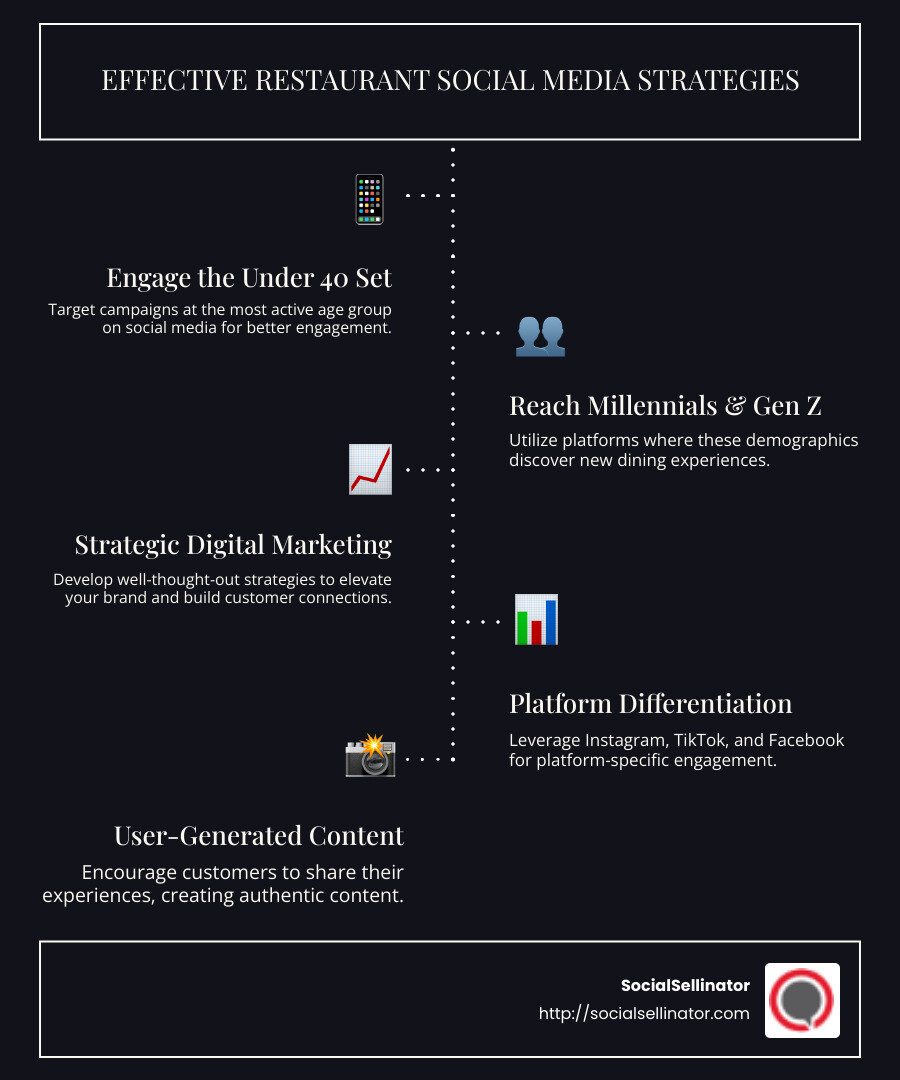 Best Strategies for Restaurant Social Media Campaigns infographic showing different platforms and engagement tactics used by restaurants, including images of platform logos and brief descriptions of successful campaigns across the platforms mentioned - best restaurant social media campaigns infographic infographic-line-5-steps-dark