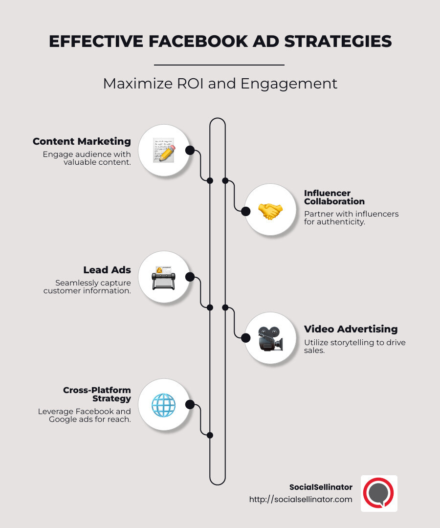 Key strategies for effective Facebook advertisements - Facebook ad strategies infographic infographic-line-5-steps-neat_beige