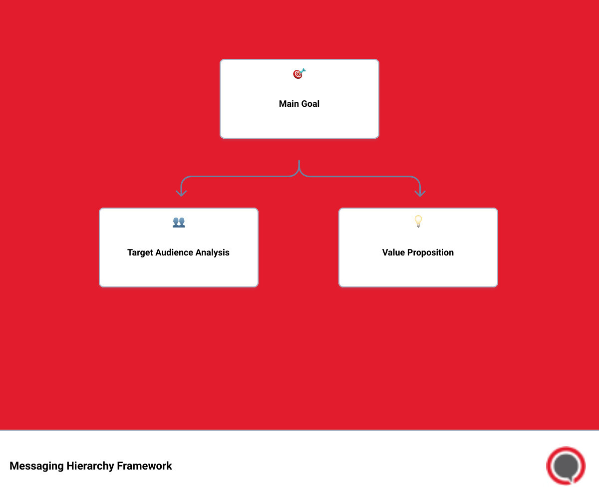 Detailed infographic showing the components of a messaging hierarchy including main goal, target audience analysis, value proposition, and message mapping with examples - messaging hierarchy infographic hierarchy