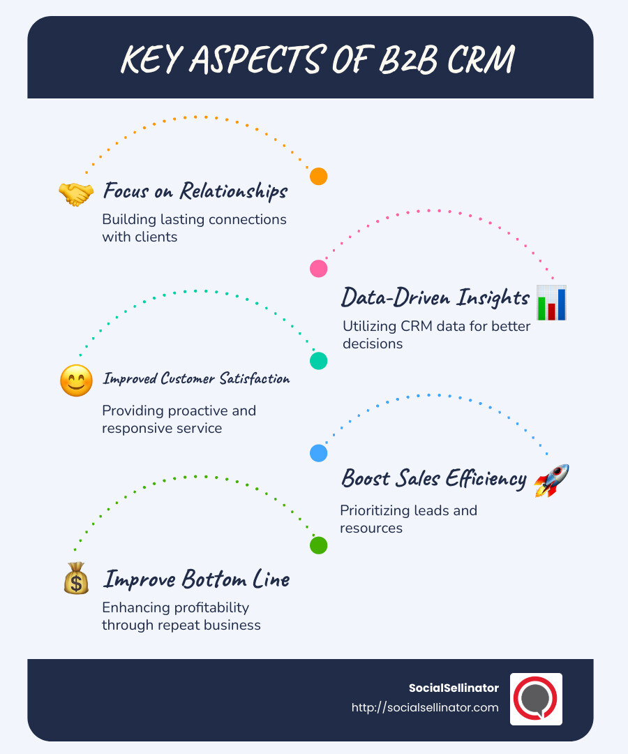 Infographic highlighting key aspects of B2B CRM: relationship focus, data-driven insights, customer satisfaction, sales efficiency, and profitability - B2B customer relationship management infographic infographic-line-5-steps-blues-accent_colors