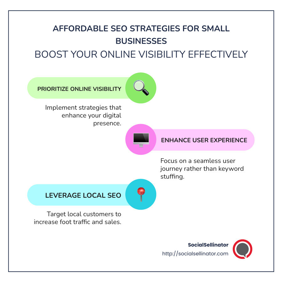 Infographic depicting affordable SEO strategies for small businesses, including local SEO and user experience optimization, presented with clear, concise steps and highlighted benefits. - Affordable SEO for small businesses infographic infographic-line-3-steps-colors