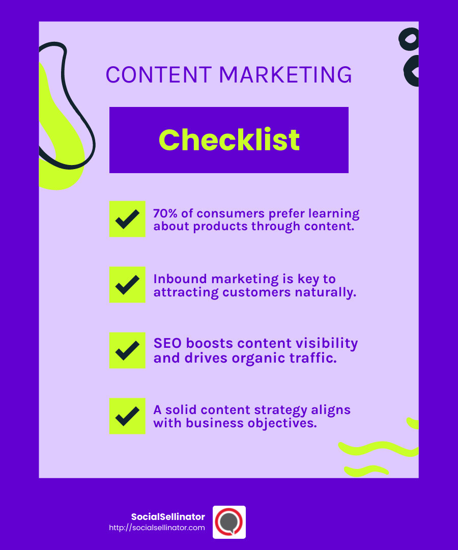 Content marketing attracts 70% of consumers who prefer learning about products through content. - content marketing agency infographic checklist-fun-neon