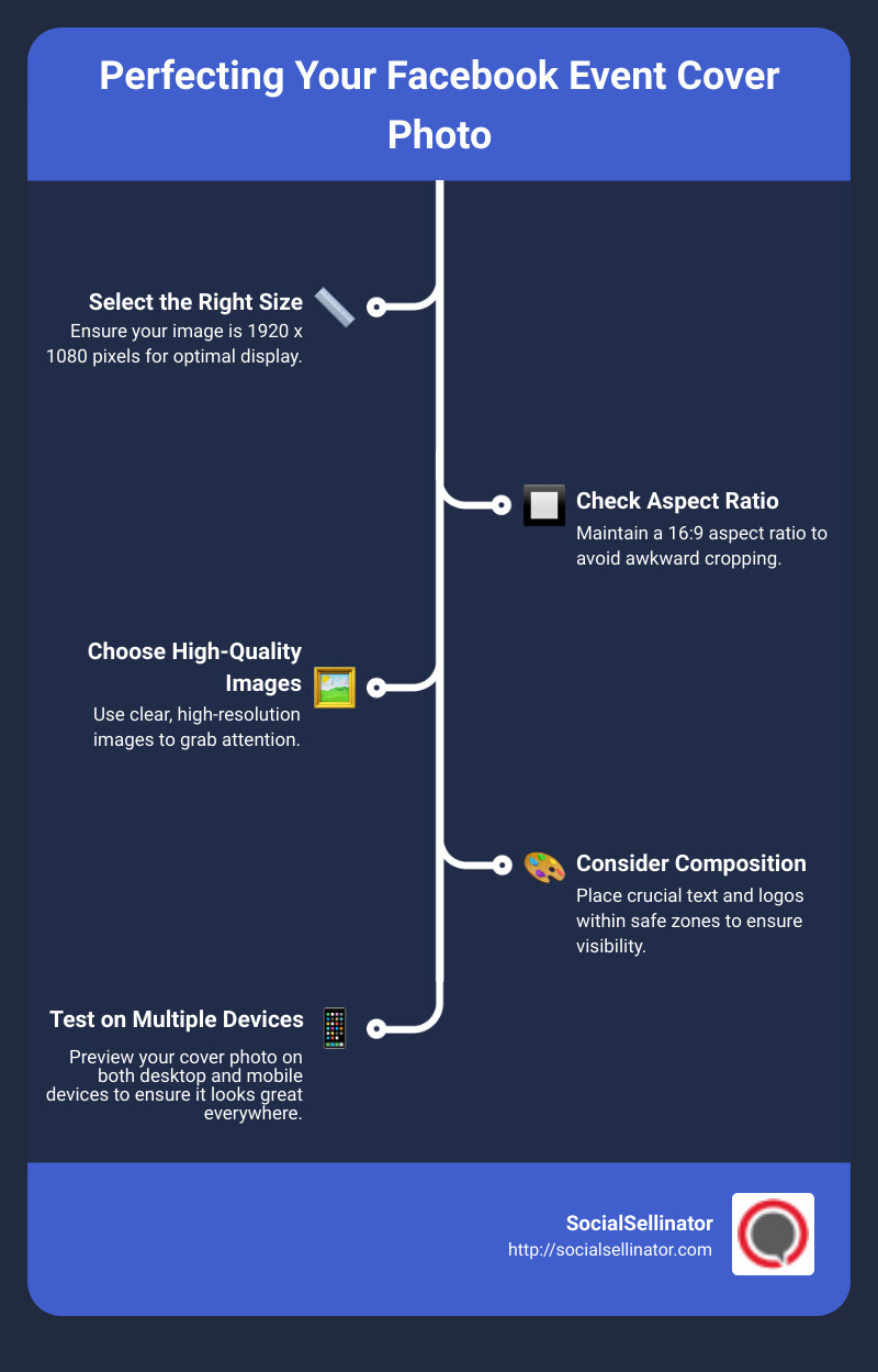 Detailed infographic explaining why the optimal Facebook event cover photo size is 1920 x 1080 pixels, highlighting the aspect ratio of 16:9 and noting the importance of ensuring the image is visible and attractive on both desktop and mobile screens. The infographic also points out areas to avoid placing crucial text or logos that might be cropped - facebook event cover photo size infographic infographic-line-5-steps