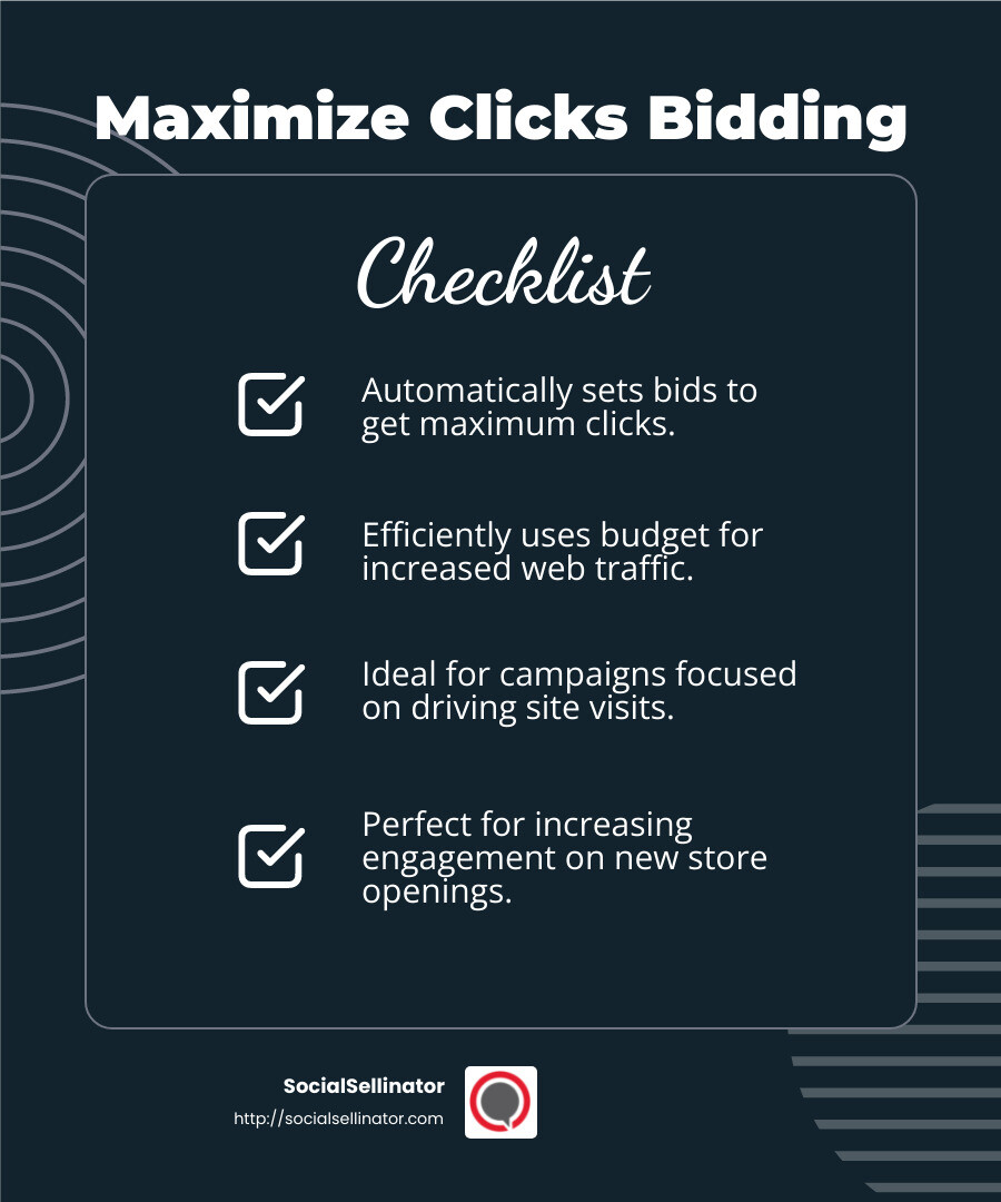 Maximize Clicks Bidding: Efficiently uses your budget to increase the total number of visits to your website - Google Ads bid strategies infographic checklist-dark-blue