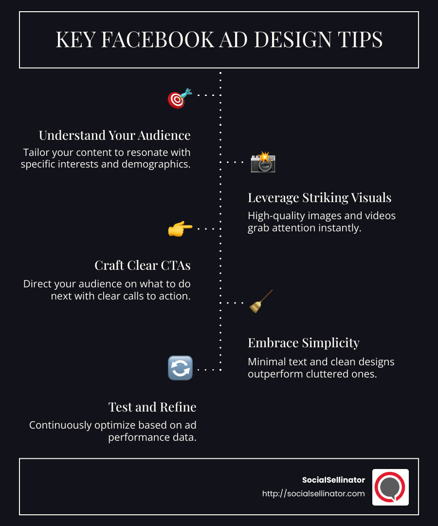 Infographic showcasing key Facebook ad design tips like audience targeting, striking visuals, clear CTA, simplicity, and testing for improved engagement and brand awareness - Facebook ad design tips infographic infographic-line-5-steps-dark Infographic showcasing key Facebook ad design tips like audience targeting, striking visuals, clear CTA, simplicity, and testing for improved engagement and brand awareness - Facebook ad design tips infographic infographic-line-5-steps-dark